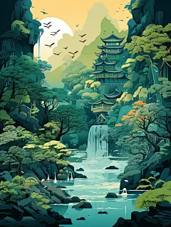 扁平风中国山水插画，爱了爱了 - 小红书
