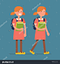 Cool vector flat design friendly smiling smart little girl kid character standing and walking with backpack, holding school books | Primary schoolgirl full length basic poses