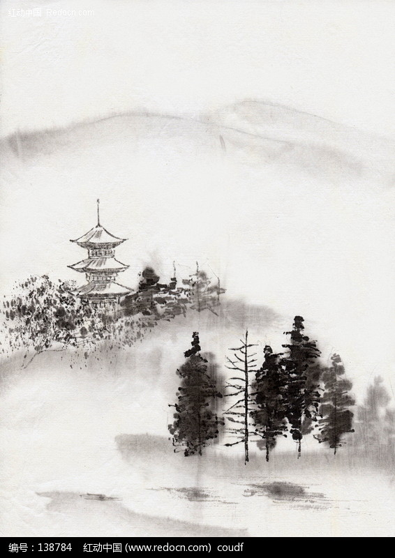 山中寺庙树林水墨画图片图片(编号:138...