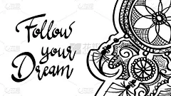 卡片海报追随你的梦想。捕梦网纹身曼海蒂设计与羽毛。黑色涂鸦手绘轮廓轮廓孤立在白色。向量点缀插图