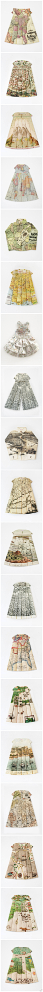 地图连衣裙是法国艺术家 Elisabeth Lecourt （伊丽莎白）的一系列有趣的创意设计作品，把丰富、壮美的河山印在服饰上别致而又独特，这其中也许还蕴藏着主动去探索世界和让世界了解你的深厚内涵因为总觉得它不是看上去那么简单，就连裙摆上的地图构图也是经过艺术家精心布置的。