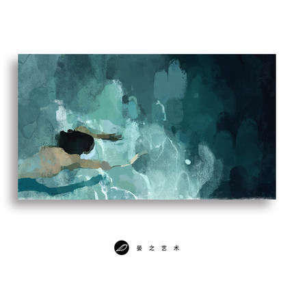 油彩画 人物像 青色背景浮遊 梦幻之美！人物抽象游泳装饰画人像油画墨绿色挂画人体裸艺术横版-tmall