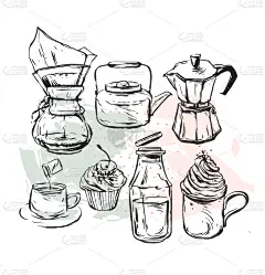插画,饮料,菜单,咖啡,概念,杯,食品,绘制,写实,收集