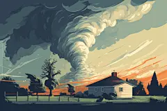 扁平风被破坏的房屋自然灾害龙卷风插画