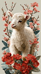 vintage retro boho spring baby animals baby goat kid realistic style surrounded by red flower blossoms