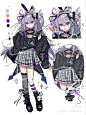 an anime character with purple hair and black boots, wearing a plaid skirt and knee high boots