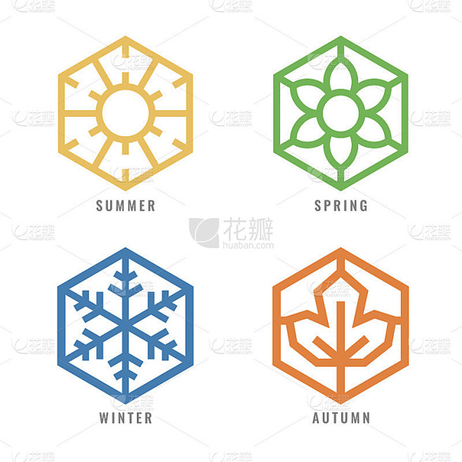 六角形图标，夏季太阳标志，春季花朵标志，冬季雪花标志，秋季枫叶矢量设计