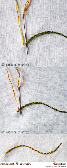 com钉线绣:先在布料上渡线,再用另一条线固定,借以表现出图案的针法.