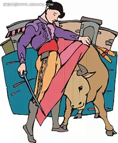 拿剑的斗牛士与斗牛插画|斗牛|斗牛士|剑|卡通动物|卡通画|卡通形象|漫画素材|生活百科|矢量素材|手绘