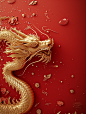红色背景，纯金中国龙占据画面一角，点缀着中国新年元素，宝石错