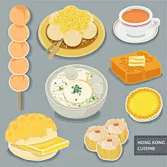 扁平化广东香港美食广式早点早茶晚茶矢量餐饮插画 AI设计素材