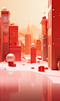 3d holiday illustrative christmas ad, 3d christmas graphics, in the style of minimalist color field, depictions of urban life, moshe safdie, light red and gold, raw materials, rinpa school, virtual and augmented reality