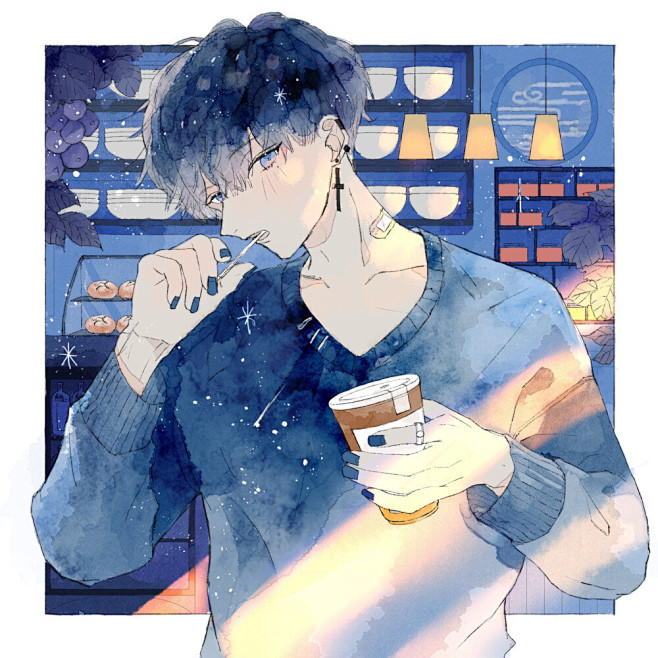 pixiv头像少年水彩插画