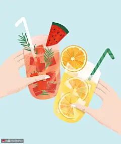夏日清凉水彩手绘果汁饮品夏季插画 季节插画 夏季插画