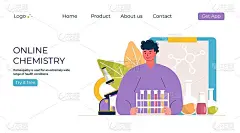 在线教育化学概念。实验室宣传片里拿着显微镜的人。模板横幅，邀请，广告，登陆页，培训。Vecror现代