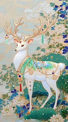 九色鹿，色彩斑斓而不失典雅，彰显出国潮风的独特魅力。 #插画#九色鹿#敦煌九色鹿#国潮#国风#敦煌壁画#刺绣#敦煌纹样#荷花#midjourney - 小红书