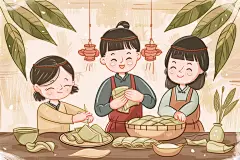 端午包粽子幸福手绘插画