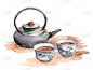亚洲礼仪用茶具——茶壶，茶杯。水彩