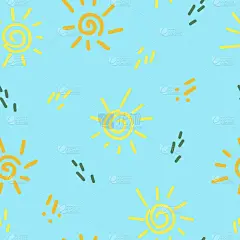 太阳和涂鸦虚线无缝模式的趋势颜色2021。矢量手绘简约。墙纸、纺织品、包装纸。金、黄、绿。的孩子。