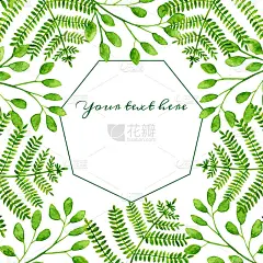 水彩绿色森林蕨类和桉树叶框架。手绘方形花草模板，植物邀请，保存日期，贺卡，横幅，婚礼，装饰。