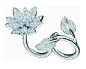 大牌珠宝首饰

　　Van Cleef Arpels戒指/这款莲花戒指的戒托可以旋转，由此便产生了两种佩戴方式，如图展示时，这款戒指是双指戒，如果将花朵向叶子合并，那么就会变成一只精致的单指戒。