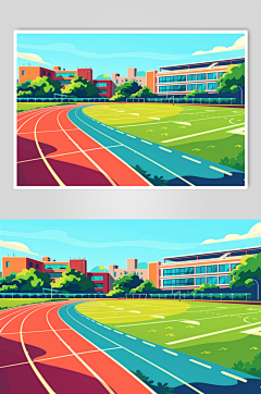 AI数字艺术扁平风校园球场操场插画-众图网