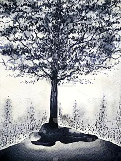 抽象人黑树死生起源水彩画插画设计