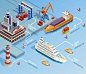精美的海港货运码头、游轮、货运船、海关、灯塔、吊车、海运人员等元素的2.5d矢量立体等距侧轴插画 | | 优图库 UTUCOOL