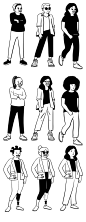 48款黑白线性手绘风格男女人物站立蹲蹲坐行走动作AI矢量素材-淘宝网