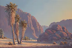  Palms With Red Rock Canyon
约翰·希尔顿(John William Hilton)1904-1983
出生于中国，是传教士的儿子，在美国腹地作为牧师的孩子抚养长大，然后按照自己的方式发展自己的人生道路，不受正规教育的阻碍。
在深深的好奇心驱使下，他成为了一名专业的宝石学家、植物学家、地质学家和矿工、动物学家、乔治·巴顿将军的顾问、艾森豪威尔将军的朋友和画家，喜欢弹吉他和唱歌，是一位非常好的作家，当然，他的调色刀或画笔也不差。他在莫哈维沙漠安家，在马路对面经营着一家人迹罕至的宝石