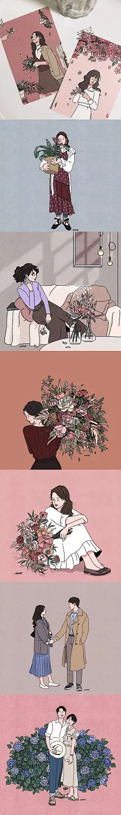韩国插画师nano-情侣小清新日常花卉植物人物简单线色小漫画
