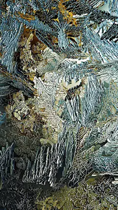 幻想冰晶。火热的冬季手机壁纸。窗玻璃上神秘的霜冻画.一种神奇植物的叶子和茎的图案。引人注目的抽象垂直