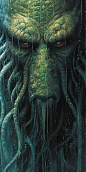 an ultrafine detailed close-up portrait of a humanoid ancient otherworldy giant Cthulhu, menacing fierce stare, slimy eldritch tentacles, wet, drippings, an oil painting by Philippe Druillet, Bill sienkiewicz, adi granov, Beksinski, cosmic horror, raking 