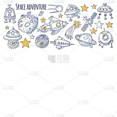 太空、卫星、月球、星星、宇宙飞船、空间站太空手绘图标和图案