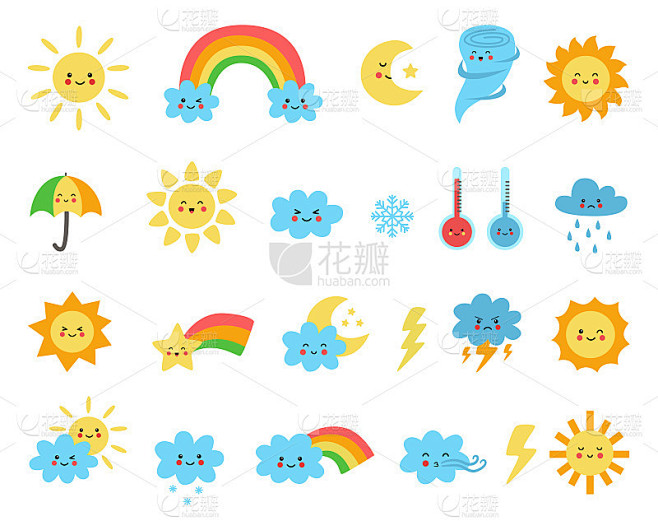 一套可爱的卡通天气图标。矢量插图。素材-花瓣网