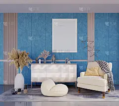 海蓝色壁纸墙乳白色家具陈设。