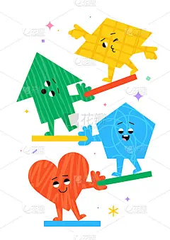 可爱的卡通几何图形与不同的表情，心，箭头，五边形和平行四边形，有趣的海报想法的孩子。丰富多彩的人物，