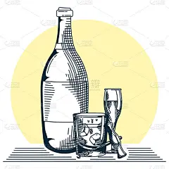 瓶酒和杯子与玻璃手绘风格图标