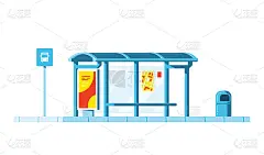有公交站牌的公交车站和垃圾桶