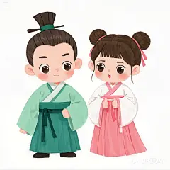 jimeng-2025-05-19-86-卡通Q版插画风格，一个古代男童，大大的眼睛，青绿色服装，一个古代女童，大大的眼睛，粉白色服装，两人站立，分离开来，白色背景