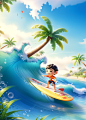 00031-2446688516-cartoon rendering,(warm tone),cartoon,soft light,clay texture,3d,rending,soft light,soft edge,hazy edge light,_1teenager surfing