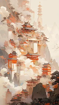 宗教建筑中国山村重叠的山峰海报