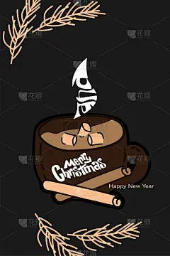 矢量插图。圣诞快乐，新年快乐贺卡。垂直冬季背景画卡通马克杯热可可与棉花糖，冬季冷杉树枝，肉桂棒。