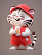 a small toy tiger is wearing a green hat and holding its paws up in the air