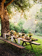 a picnic table never looked so chic! (photo by jose villa, flowers by flower wild events, styled by duet weddings, lighting by bella vista designs via once wed) #wedding #woods #nature #reception #rustic