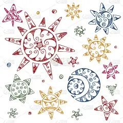 一套民族符号。手绘太阳，月亮，新月，星星