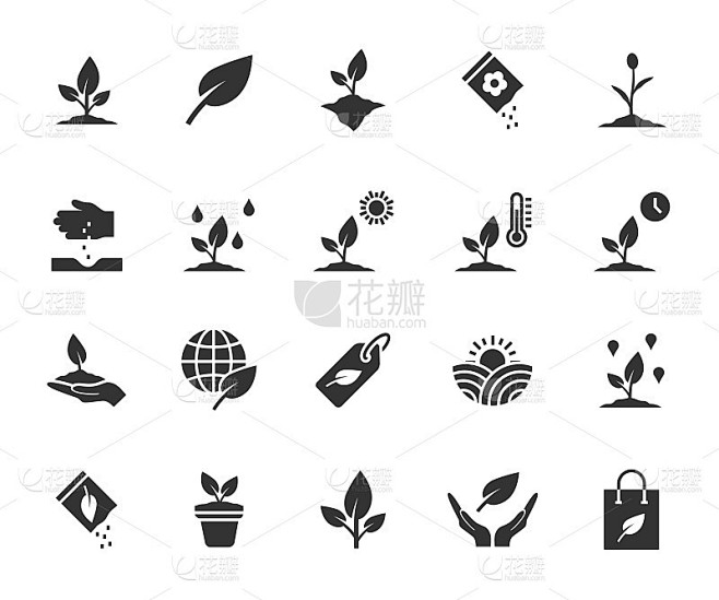 植物平面图标的向量集。包含图标幼苗，种子，生长条件，叶子，生长植物和更多。像素完美。