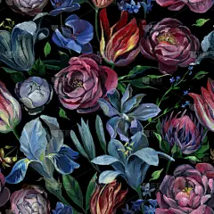 油或粉彩画。在黑色背景上, 不同的花和叶子的无缝图案。旧款式花画