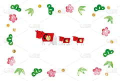 这是一张以松、竹、梅为画框的贺年卡，围绕着akabeko的父母和孩子。