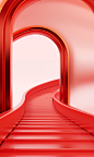 3d image of a red curved road leading into a room, in the style of rendered in cinema4d, commercial imagery, valentine hugo, orange and gold, advertisement inspired, playful use of line, traincore